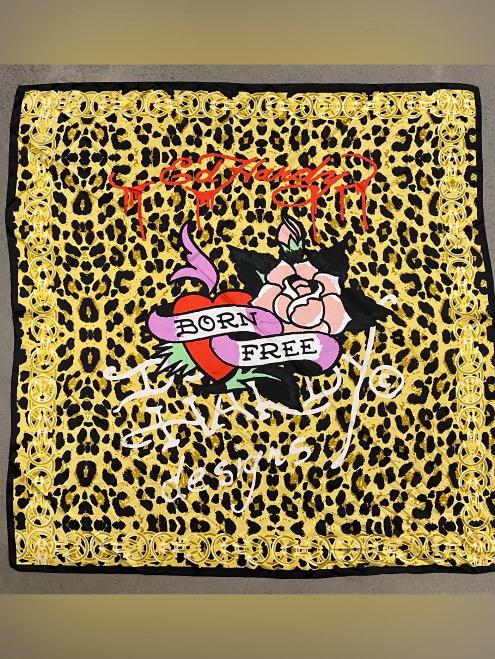 Ed Hardy Born Free Leopard Print Square Scarf Christian Audigier Tattoo Art- NWT